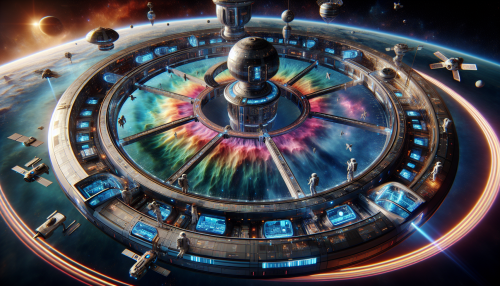 A futuristic space station orbiting a colorful nebula, featuring glowing panels, advanced machinery, and a central observation dome overlooking the stars. The setting includes astronauts in high-tech suits and drones hovering nearby. Realistic lighting and metallic reflections add depth and detail.