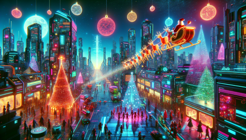 A highly detailed cyberpunk-style Christmas-themed scene. The setting features a futuristic cityscape illuminated by neon lights in vibrant colors, with holographic Christmas decorations floating in the air. Santa Claus, dressed in a sleek, tech-inspired red suit, rides a futuristic sleigh powered by glowing engines. The streets are filled with people in cyberpunk attire, celebrating the holiday amidst glowing neon trees and robotic reindeer. The atmosphere is dynamic, combining the festive spirit with a futuristic edge.