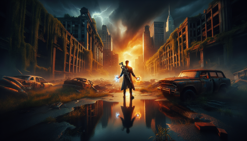 A post-apocalyptic cityscape with crumbling buildings and overgrown vegetation. A lone hero stands on a rusted car, holding a glowing weapon, with a fiery sunset casting dramatic shadows. The wet ground reflects the light, and the atmosphere is tense and cinematic.