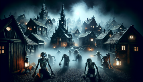 A cinematic depiction of a highly detailed Nordic town shrouded in dense fog, with all lights extinguished. The scene features darkened traditional wooden houses and cobblestone streets, barely visible under the heavy mist. Terrifying, grotesque zombies with decayed features emerge from the fog, illuminated only by the faint moonlight breaking through the clouds. The atmosphere is intensely eerie, creating a chilling and haunting environment. Highly detailed and visually immersive.