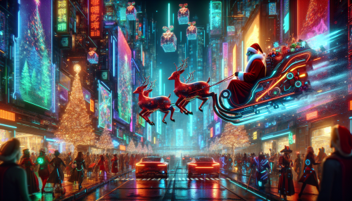 A highly detailed cyberpunk-style Christmas-themed scene. The setting features a futuristic cityscape illuminated by neon lights in vibrant colors, with holographic Christmas decorations floating in the air. Santa Claus, dressed in a sleek, tech-inspired red suit, rides a futuristic sleigh powered by glowing engines. The streets are filled with people in cyberpunk attire, celebrating the holiday amidst glowing neon trees and robotic reindeer. The atmosphere is dynamic, combining the festive spirit with a futuristic edge.