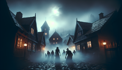 A cinematic depiction of a highly detailed Nordic town shrouded in dense fog, with all lights extinguished. The scene features darkened traditional wooden houses and cobblestone streets, barely visible under the heavy mist. Terrifying, grotesque zombies with decayed features emerge from the fog, illuminated only by the faint moonlight breaking through the clouds. The atmosphere is intensely eerie, creating a chilling and haunting environment. Highly detailed and visually immersive.