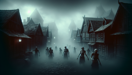 A cinematic depiction of a highly detailed Nordic town shrouded in dense fog, with all lights extinguished. The scene features darkened traditional wooden houses and cobblestone streets, barely visible under the heavy mist. Terrifying, grotesque zombies with decayed features emerge from the fog, illuminated only by the faint moonlight breaking through the clouds. The atmosphere is intensely eerie, creating a chilling and haunting environment. Highly detailed and visually immersive.