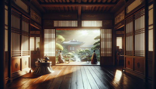 A cinematic depiction of a highly detailed Korean-style tea house scene with realistic lighting and reflections. The setting features a tranquil tea house with wooden interiors, traditional paper windows, and a serene view of a garden through an open door. Sunlight pours in, creating warm highlights on the wooden floor and tea sets. A figure in traditional hanbok is seated, adding a cultural touch to the peaceful atmosphere.