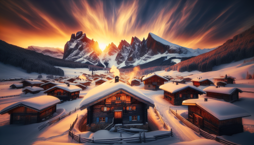 A cinematic depiction of a highly detailed snowy mountain village at sunset. The scene features wooden chalets with snow-covered roofs, nestled at the base of towering peaks. The golden light of the setting sun reflects off the snowy landscape, creating a warm contrast with the cold environment. Smoke rises gently from chimneys, and the vibrant sky adds a magical ambiance to the serene setting.