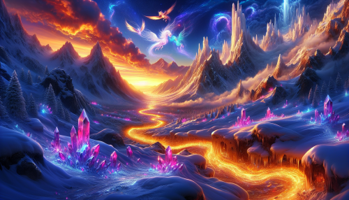 A cinematic depiction of a highly detailed snowy mountain landscape in a fantasy style during sunset. The scene features glowing crystal formations emerging from the snow, a winding river of molten gold flowing through the valley, and mythical creatures flying around towering peaks. The sky is ablaze with magical colors, casting enchanting reflections on the snowy ground. A mystical atmosphere permeates the setting, combining wonder and otherworldly beauty.