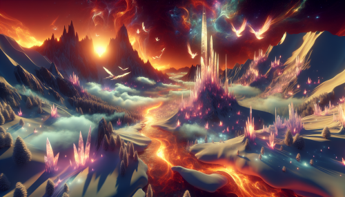 A cinematic depiction of a highly detailed snowy mountain landscape in a fantasy style during sunset. The scene features glowing crystal formations emerging from the snow, a winding river of molten gold flowing through the valley, and mythical creatures flying around towering peaks. The sky is ablaze with magical colors, casting enchanting reflections on the snowy ground. A mystical atmosphere permeates the setting, combining wonder and otherworldly beauty.