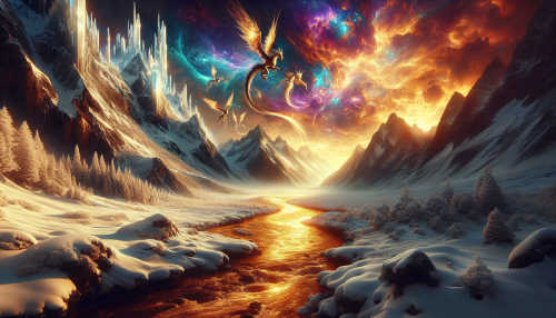 A cinematic depiction of a highly detailed snowy mountain landscape in a fantasy style during sunset. The scene features glowing crystal formations emerging from the snow, a winding river of molten gold flowing through the valley, and mythical creatures flying around towering peaks. The sky is ablaze with magical colors, casting enchanting reflections on the snowy ground. A mystical atmosphere permeates the setting, combining wonder and otherworldly beauty.