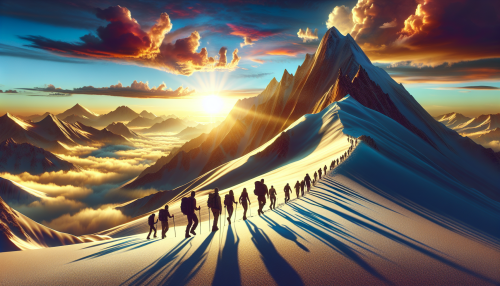 A cinematic depiction of a highly detailed snowy mountain landscape during sunset. The scene features a majestic peak with golden sunlight bathing the snow. A group of mountaineers is trekking up the slope, their shadows stretching across the pristine snow. In the background, colorful clouds hover above the horizon, adding depth to the tranquil atmosphere.