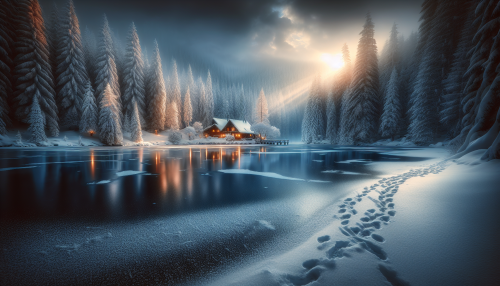 A cinematic depiction of a highly detailed snowy landscape with realistic lighting and reflections. The scene features a serene winter wonderland with snow-covered trees, a frozen lake reflecting the surrounding scenery, and soft sunlight breaking through a cloudy sky. Footprints in the snow lead to a cozy wooden cabin emitting a warm glow. The atmosphere is tranquil and immersive, capturing the beauty and stillness of a snowy day.