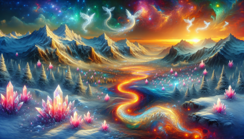 A cinematic depiction of a highly detailed snowy mountain landscape in a fantasy style during sunset. The scene features glowing crystal formations emerging from the snow, a winding river of molten gold flowing through the valley, and mythical creatures flying around towering peaks. The sky is ablaze with magical colors, casting enchanting reflections on the snowy ground. A mystical atmosphere permeates the setting, combining wonder and otherworldly beauty.