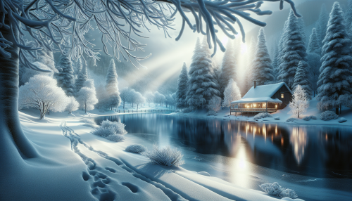 A cinematic depiction of a highly detailed snowy landscape with realistic lighting and reflections. The scene features a serene winter wonderland with snow-covered trees, a frozen lake reflecting the surrounding scenery, and soft sunlight breaking through a cloudy sky. Footprints in the snow lead to a cozy wooden cabin emitting a warm glow. The atmosphere is tranquil and immersive, capturing the beauty and stillness of a snowy day.