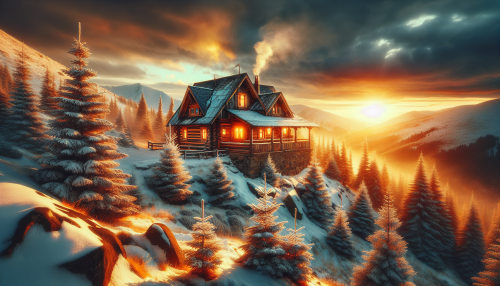 A cinematic depiction of a highly detailed snowy mountain cabin during sunset. The scene features a rustic wooden cabin surrounded by snow-covered pine trees, perched on a mountain ledge. The golden light of the setting sun bathes the cabin and the surrounding landscape, while smoke rises from the chimney, adding warmth to the serene winter setting. The sky is painted with vibrant hues, and the snow sparkles with realistic reflections.