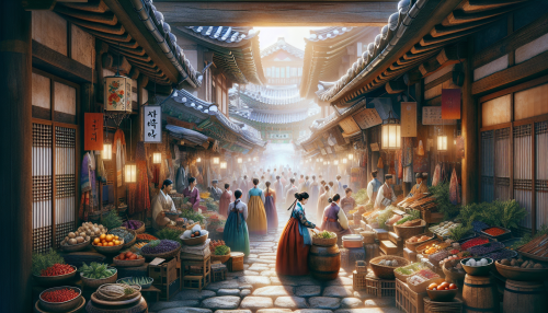 A cinematic depiction of a highly detailed Korean-style traditional market scene with realistic lighting and reflections. The setting features colorful stalls filled with fresh produce, vibrant spices, and traditional goods. The narrow alley is bustling with people in hanbok and modern attire, with soft sunlight streaming through the gaps above, casting dynamic shadows. A lively and immersive cultural atmosphere is captured.