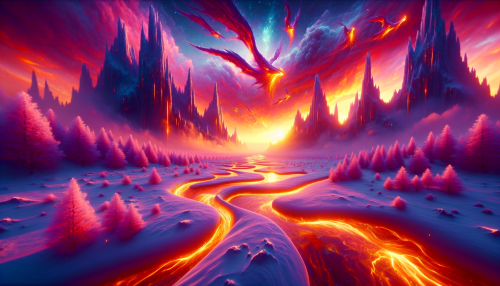 A cinematic depiction of a highly detailed snowy mountain landscape in a fantasy style during sunset. The scene features glowing crystal formations emerging from the snow, a winding river of molten gold flowing through the valley, and mythical creatures flying around towering peaks. The sky is ablaze with magical colors, casting enchanting reflections on the snowy ground. A mystical atmosphere permeates the setting, combining wonder and otherworldly beauty.