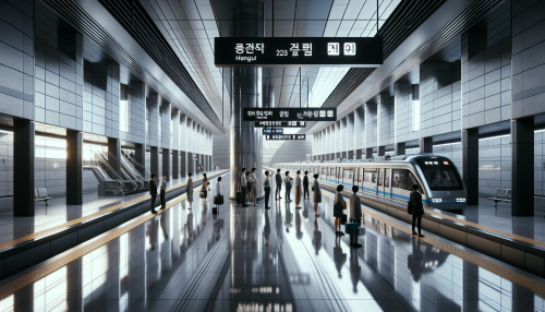 A cinematic depiction of a highly detailed modern Korean subway station with realistic lighting and reflections. The scene features sleek, clean architecture with glass panels and modern signage in Hangul. People are waiting for the train, and the polished floors reflect the ambient lighting. A train is arriving, creating a dynamic yet organized atmosphere typical of a busy metropolitan subway system.