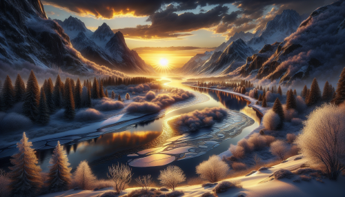 A cinematic depiction of a highly detailed snowy mountain river during sunset. The scene features a winding, partially frozen river reflecting the golden hues of the setting sun. Towering snow-capped peaks surround the river, and the sky is ablaze with vibrant colors. Bare trees line the riverbank, with frost glistening on their branches, creating a tranquil and picturesque winter scene.