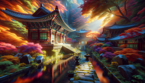 A cinematic depiction of a highly detailed Korean-style temple surrounded by nature with realistic lighting and reflections. The scene features a traditional Buddhist temple with ornate architecture, nestled in a forest of colorful autumn trees. Sunlight filters through the leaves, casting warm hues on the stone pathways and temple walls. A serene atmosphere is enhanced by the presence of a small pond reflecting the vibrant surroundings.