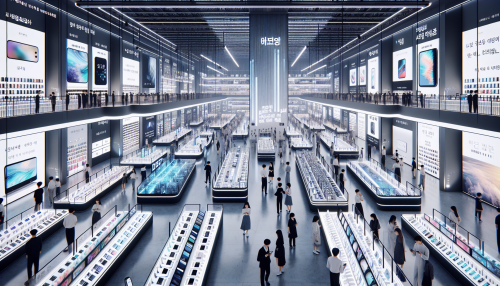 A cinematic depiction of a highly detailed modern Korean technology store with realistic lighting and reflections. The scene features sleek, minimalist interior design, with rows of high-tech gadgets, smartphones, and large digital screens displaying advertisements in Hangul. Shoppers browse through the latest tech devices under soft, ambient lighting, creating a clean and futuristic atmosphere.