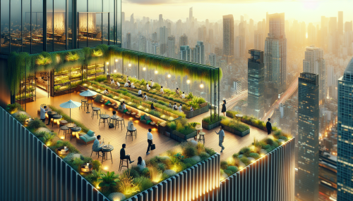 A cinematic depiction of a highly detailed modern Korean rooftop garden with realistic lighting and reflections. The scene features a vibrant green space atop a skyscraper, with modern seating areas, decorative lights, and panoramic views of the city skyline. People are enjoying the serene atmosphere, while the golden light of the setting sun enhances the tranquil yet urban vibe.