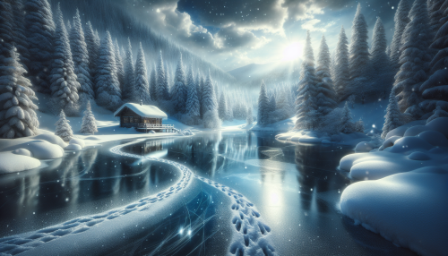 A cinematic depiction of a highly detailed snowy landscape with realistic lighting and reflections. The scene features a serene winter wonderland with snow-covered trees, a frozen lake reflecting the surrounding scenery, and soft sunlight breaking through a cloudy sky. Footprints in the snow lead to a cozy wooden cabin emitting a warm glow. The atmosphere is tranquil and immersive, capturing the beauty and stillness of a snowy day.