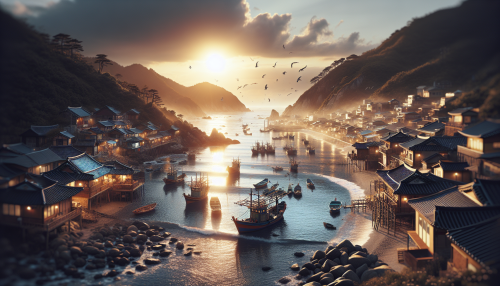 A cinematic depiction of a highly detailed Korean-style coastal village with realistic lighting and reflections. The scene features colorful fishing boats docked along a rocky shore, traditional houses perched on hillsides, and the ocean shimmering under the golden light of a setting sun. Gentle waves lap against the shore, and seagulls glide in the sky, creating a tranquil yet dynamic atmosphere.