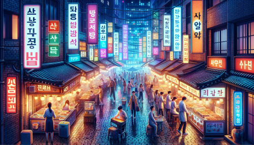 A cinematic depiction of a highly detailed Korean-style street at night with realistic lighting and reflections. The scene features vibrant neon signs in Korean characters, street food vendors with steaming dishes, and pedestrians enjoying the bustling atmosphere. The wet cobblestone street reflects the glowing lights, creating a dynamic and lively urban ambiance.