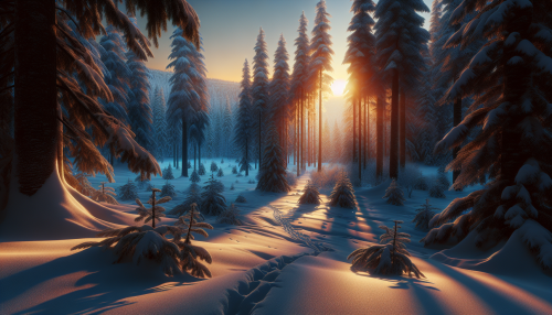 A cinematic depiction of a highly detailed snowy mountain forest during sunset. The scene features dense pine trees covered in snow, with the golden light of the setting sun filtering through the branches. The ground is blanketed in fresh snow, with animal tracks leading into the forest. A serene and peaceful atmosphere is enhanced by the vibrant colors of the sky and the sparkling reflections on the snow.