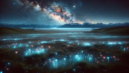 A cinematic depiction of a highly detailed grassland illuminated by the Milky Way at night with realistic lighting and reflections. The scene features a vast, open plain with glowing bioluminescent flowers scattered across the landscape. The distant silhouette of snow-capped mountains is visible under the starlit sky. The atmosphere is ethereal and magical, with a gentle mist adding depth to the scene.