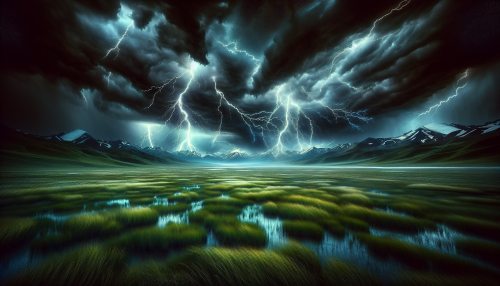 A cinematic depiction of a highly detailed grassland during a thunderstorm with realistic lighting and reflections. The scene features dark storm clouds looming over an expansive plain, with lightning striking in the distance, illuminating the snowy peaks faintly visible on the horizon. The wet grass reflects the dramatic lighting, and the atmosphere is tense and powerful, capturing the raw energy of nature.