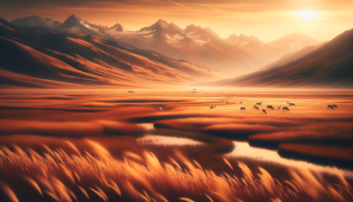 A cinematic depiction of a vast, highly detailed grassland during an autumn evening. The scene features golden grass swaying gently under a soft orange sky. Snow-capped mountains rise faintly in the distance, while a herd of deer grazes near a small stream reflecting the warm hues of the sky. The atmosphere is serene and nostalgic, capturing the beauty of autumn in an expansive natural setting.