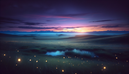 A cinematic depiction of a vast, highly detailed grassland at twilight. The scene features soft purples and blues blending into the sky, with the grassland fading into gentle shadows. Dotted with glowing fireflies, the plains feel magical and serene. Snow-capped mountains appear faintly in the background under the last light of the setting sun. A small pond reflects the twilight hues, creating a tranquil and enchanting atmosphere.