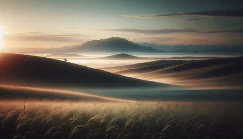 A cinematic depiction of a highly detailed grassland during dawn with realistic lighting and reflections. The scene features rolling hills covered in dew-kissed grass, glowing softly under the first light of the day. Mist hangs low over the plains, and the distant silhouette of snow-capped mountains is barely visible. A single tree stands on a hilltop, creating a serene and contemplative atmosphere.