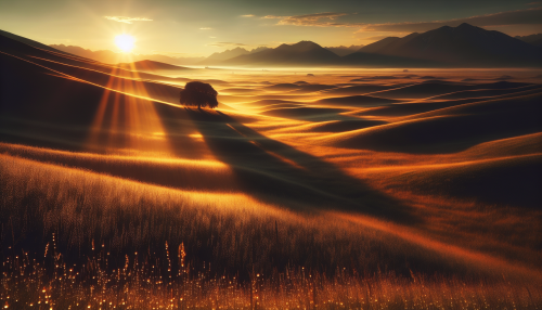 A cinematic depiction of a vast, highly detailed grassland during sunrise. The scene features warm golden sunlight casting long shadows across the rolling plains, with dewdrops on the grass reflecting the morning light. In the distance, a thin line of snow-capped mountains is barely visible. A lone tree stands on the horizon, adding a focal point to the expansive view. The atmosphere is peaceful and filled with the serenity of a new day.