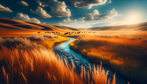 A cinematic depiction of a highly detailed grassland during a summer afternoon with realistic lighting and reflections. The scene features golden grass swaying gently under a soft breeze, with a clear blue sky and scattered fluffy clouds above. In the distance, a herd of bison roams the plains, and a glimmering stream winds its way through the landscape. The atmosphere is warm, inviting, and vibrant, capturing the essence of summer.