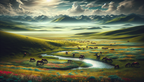 A cinematic depiction of a vast, highly detailed grassland with a gentle hill rolling through the scene. The grassland is lush and vibrant, dotted with colorful wildflowers and swaying under a soft breeze. In the far distance, a subtle outline of snow-capped mountains creates a picturesque backdrop under a partly cloudy sky. A herd of wild horses grazes peacefully near a small reflective stream, enhancing the serene and idyllic atmosphere.