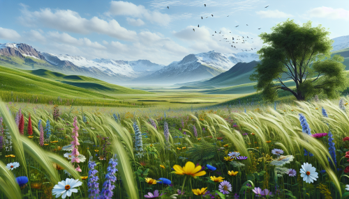 A cinematic depiction of a vast, highly detailed grassland during a spring day. The scene features vibrant green plains dotted with blooming wildflowers in shades of yellow, purple, and white. The distant snow-capped mountains are more prominent under a clear blue sky. A flock of birds flies overhead, and a gentle breeze causes the grass and flowers to sway, creating a lively and refreshing atmosphere.