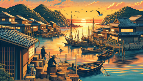 A cinematic depiction of a Japanese coastal fishing village during sunset with highly detailed elements. The scene features traditional wooden boats anchored near a small harbor, with fishermen in straw hats working on their nets. Wooden houses with tiled roofs line the shore, and the water reflects the warm hues of the setting sun. Seagulls fly overhead, and distant islands add depth to the serene and picturesque landscape.