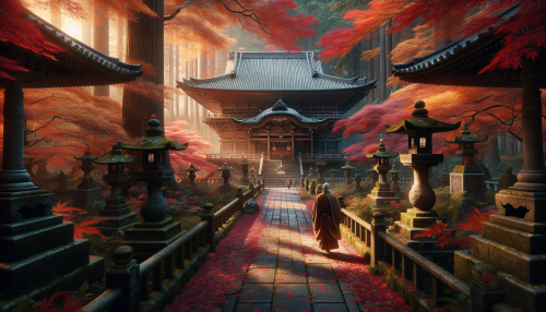 A cinematic depiction of a traditional Japanese temple during autumn with highly detailed elements. The scene features a grand wooden temple surrounded by vibrant red and orange maple leaves. Stone lanterns line the pathway leading to the temple, and the air is filled with a sense of tranquility. A monk in traditional robes walks along the path, adding a cultural and serene touch to the scene. Soft sunlight filters through the trees, enhancing the warm tones of the landscape.