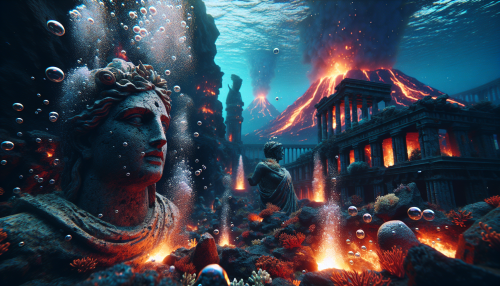 A cinematic depiction of the ancient ruins of Atlantis surrounded by underwater volcanoes. The scene features massive stone statues of mythical gods half-submerged in volcanic ash and glowing lava streams. Coral and marine plants reclaim the ruins, while bubbles rise through the water illuminated by the fiery glow. The atmosphere is dramatic and surreal, combining destruction with the beauty of aquatic life.