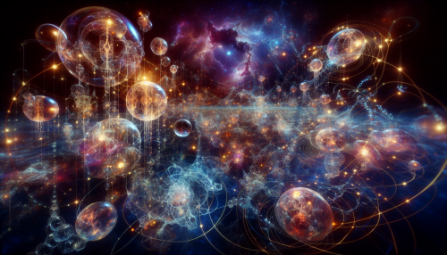 An alternate depiction of a quantum world, showcasing a mysterious and intricate environment. The scene is filled with glowing orbs, pulsating energy fields, and intricate fractal-like patterns. Transparent, crystalline structures rise from the ground, reflecting light in a spectrum of colors. The background is a swirling cosmic expanse, with luminous threads connecting various elements, symbolizing quantum entanglement. The overall atmosphere is surreal, blending elements of science fiction and fantasy, with soft, ambient lighting creating a sense of depth and wonder.