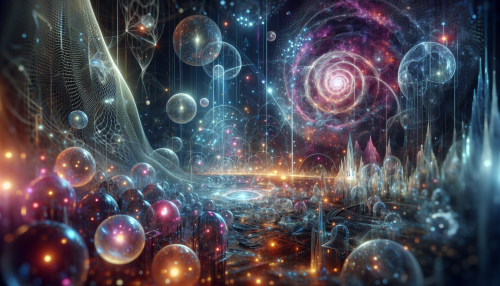 An alternate depiction of a quantum world, showcasing a mysterious and intricate environment. The scene is filled with glowing orbs, pulsating energy fields, and intricate fractal-like patterns. Transparent, crystalline structures rise from the ground, reflecting light in a spectrum of colors. The background is a swirling cosmic expanse, with luminous threads connecting various elements, symbolizing quantum entanglement. The overall atmosphere is surreal, blending elements of science fiction and fantasy, with soft, ambient lighting creating a sense of depth and wonder.