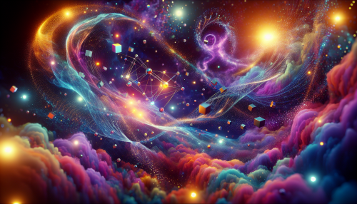 A surreal and imaginative depiction of a quantum world. The scene features a vibrant, otherworldly landscape filled with floating, glowing particles and interconnected energy waves. Geometric shapes like cubes and spheres hover in mid-air, blending seamlessly into a swirling, multicolored nebula-like background. The lighting is dynamic, with radiant neon hues of blue, purple, and gold reflecting off the shapes and creating an ethereal, almost magical atmosphere. Quantum entanglements appear as shimmering, thread-like connections between the floating objects, illustrating the beauty and mystery of a quantum universe.