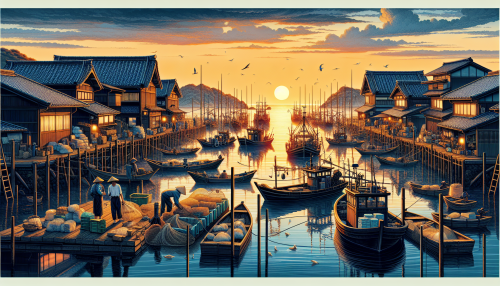 A cinematic depiction of a Japanese coastal fishing village during sunset with highly detailed elements. The scene features traditional wooden boats anchored near a small harbor, with fishermen in straw hats working on their nets. Wooden houses with tiled roofs line the shore, and the water reflects the warm hues of the setting sun. Seagulls fly overhead, and distant islands add depth to the serene and picturesque landscape.