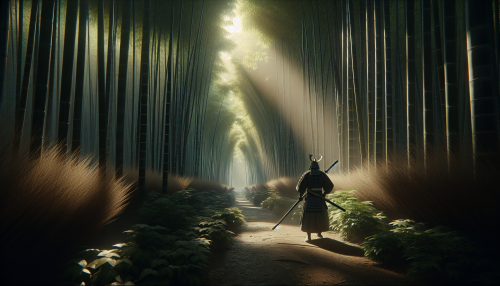 A cinematic depiction of a traditional Japanese bamboo forest with highly detailed elements. The scene features tall, lush bamboo stalks reaching towards the sky, creating a serene and shaded pathway. Sunlight filters through the dense foliage, casting dappled light on the ground. A figure in a traditional samurai outfit walks through the forest, their katana reflecting the sunlight. The atmosphere is tranquil and filled with a sense of ancient tradition.