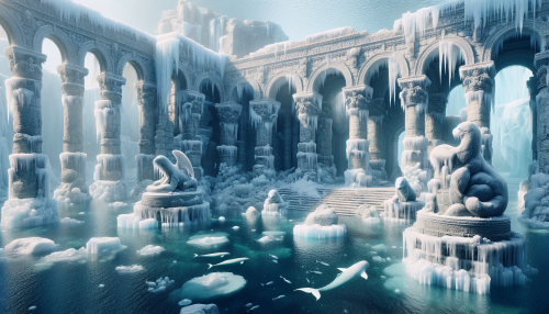 A cinematic depiction of the ancient ruins of Atlantis covered in ice and surrounded by arctic underwater terrain. The scene features frost-covered stone buildings and statues with icy stalactites hanging from arches. The water is crystal clear, revealing intricate carvings on the ruins. Arctic marine life, like seals and narwhals, swim gracefully around the frozen city, creating a serene and hauntingly beautiful atmosphere.