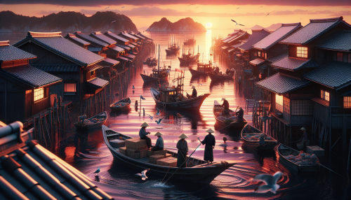 A cinematic depiction of a Japanese coastal fishing village during sunset with highly detailed elements. The scene features traditional wooden boats anchored near a small harbor, with fishermen in straw hats working on their nets. Wooden houses with tiled roofs line the shore, and the water reflects the warm hues of the setting sun. Seagulls fly overhead, and distant islands add depth to the serene and picturesque landscape.