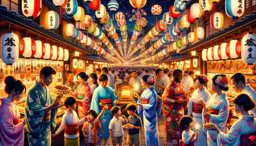 A cinematic depiction of a traditional Japanese festival at night with highly detailed elements. The scene features colorful paper lanterns hanging along a bustling street filled with food stalls offering traditional delicacies. People in vibrant yukatas enjoy the festivities, while children play with sparklers. A towering mikoshi (portable shrine) is carried by participants, surrounded by a cheerful crowd. The warm glow of the lanterns illuminates the lively and joyful atmosphere.