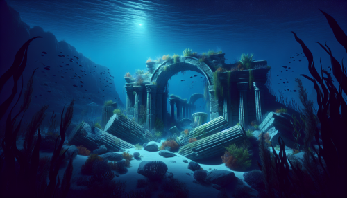 A cinematic depiction of the ancient ruins of Atlantis on the ocean floor at night. The scene features crumbled stone bridges and archways illuminated by glowing bioluminescent plants and mysterious blue lights. Shadowy sea creatures swim in the background, and the ruins are partially buried in sand and surrounded by undulating kelp. The moonlight filters faintly through the water, adding an eerie and magical ambiance.