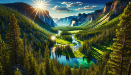 A cinematic depiction of Yellowstone National Park in summer. The scene features a vibrant green landscape with dense pine forests, a serene river reflecting the clear blue sky, and majestic geysers erupting in the distance. The sun shines brightly, illuminating the vibrant greenery and casting crisp shadows across the terrain. In the background, towering rocky cliffs frame the lush valley, showcasing the beauty of Yellowstone in its full summer bloom.